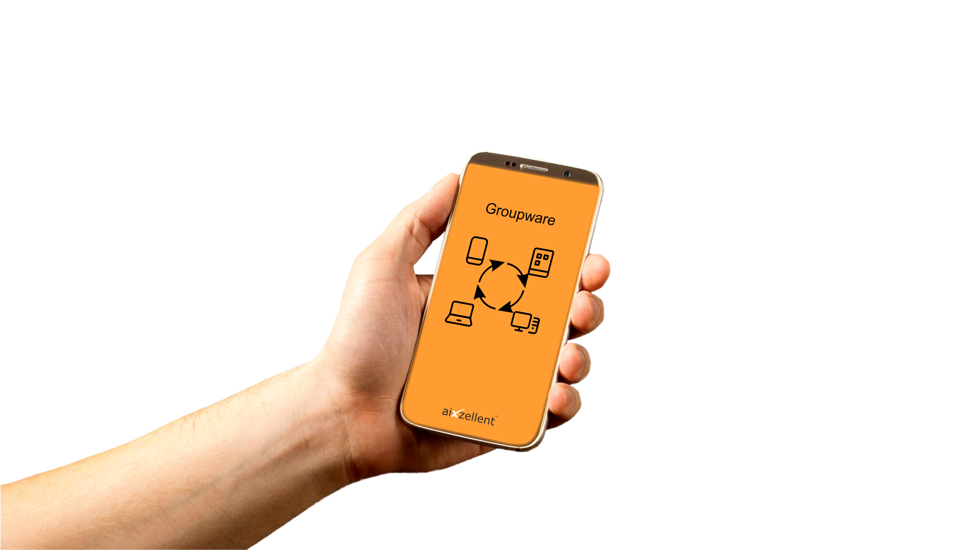 Hand mit Smartphone - Auf dem vier mobile Endgeräte durch einen pfeilkreis mit einander verbunden sind